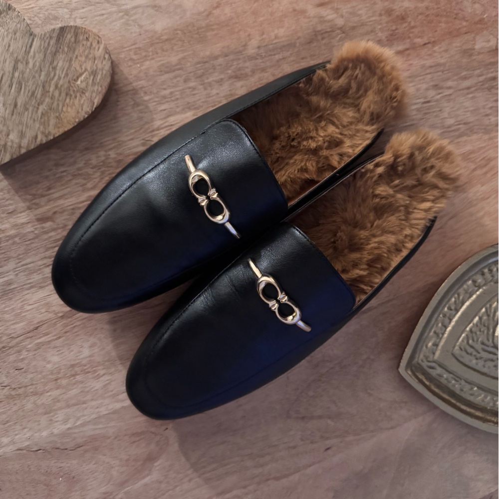 Coach Black Mules with Gold Accent and faux fur Lining